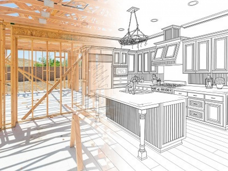 House Construction Framing Gradating Into Kitchen Design Drawing