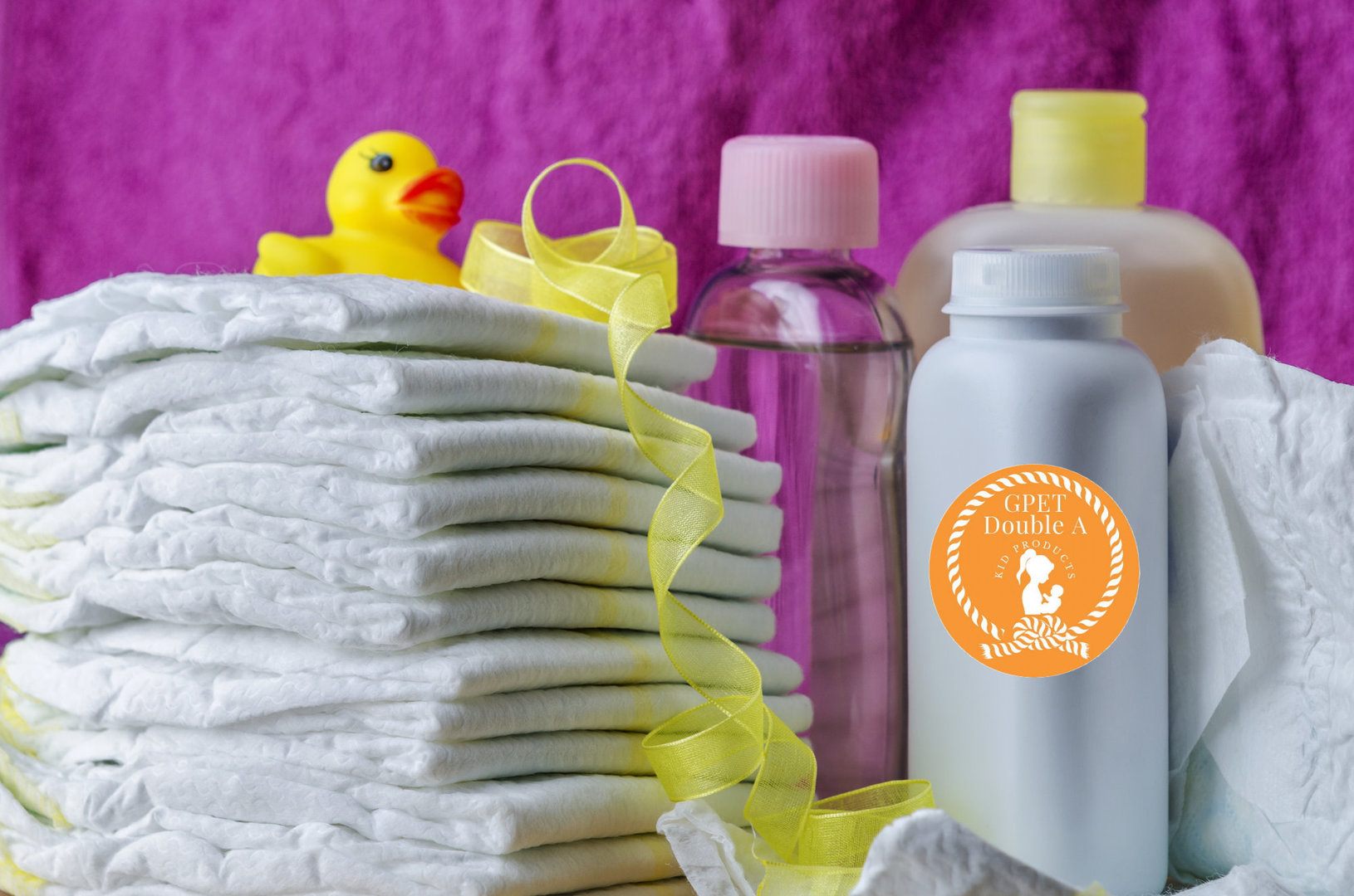 accessories for baby diapers on white background, banny, a bottle of water, cream