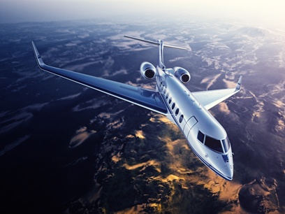 Realistic photo of silver generic design private Jet flying over the mountains. Empty blue sky with sun at background.Business Travel by modern Luxury Plane.Horizontal.Closeup photo. 3d rendering