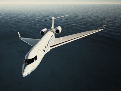 Photo of White Luxury Generic Design Private Jet Flying in Sky at night. Blue Ocean Background. Business Travel Picture. Wide. Film Effect. 3D rendering.