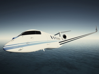 Photo of White Luxury Generic Design Private Jet Flying in Sky under the water surface. Blue Ocean Background. Business Travel Picture.Horizontal,Film Effect. 3D rendering.